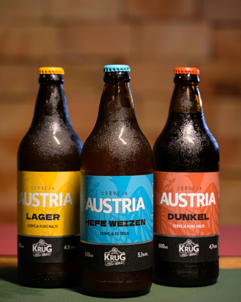 Three chilled Austria beer bottles showcasing Lager, Hefe Weizen, and Dunkel varieties.