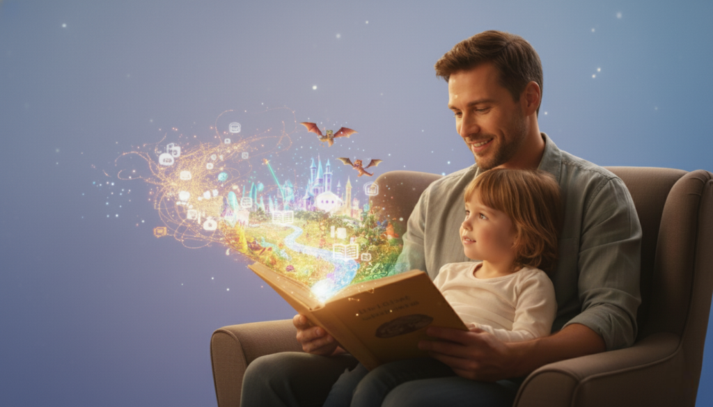 Homem lendo livro brilhante para criança, representando a conexão do storytelling.