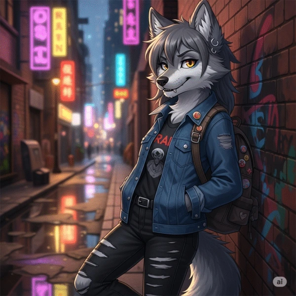 Um desenho em 3D de uma loba em pé, com uma feição confiante, vestindo um casaco jeans, blusa preta, uma calça preta rasgada e uma mochila, encostada em uma parede. No fundo há vários prédios com letreiros luminosos. É noite e o chão está molhado