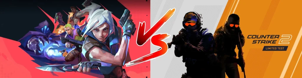Comparação entre Valorant e CS2 mostrando agentes do Valorant enfrentando soldados do Counter-Strike 2 em um banner competitivo