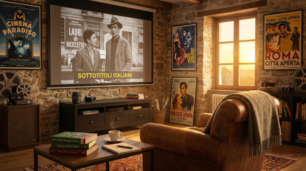 Cinema italiano com pôsteres de filmes clássicos
