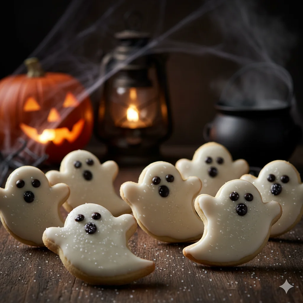 Cookies no formato de fantasmas assustadores em cima de uma mesa, em um cenário de Halloween, com uma abóbora, uma lamparina e um pequeno caldeirão ao fundo.