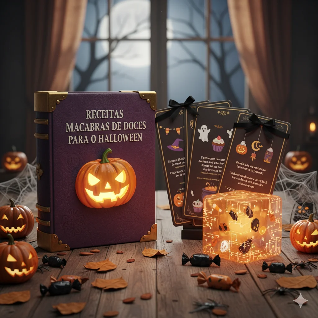 Um livro de receitas para Halloween na cor roxa com uma abóbora na capa, sobre uma mesa decorada para Halloween com cartões. Ao fundo, uma janela com galhos e lua cheia.